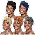 DRESHOW 5 Pack Knotted Headwraps for Women African Turban Pre-Knotted Beanie Headwraps Hair Covers - color: 5 Pack Donuts: Dark Grey, Khaki, Dark Khaki, Navy Blue, Black