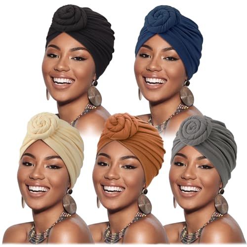 DRESHOW 5 Pack Knotted Headwraps for Women African Turban Pre-Knotted Beanie Headwraps Hair Covers - color: 5 Pack Donuts: Dark Grey, Khaki, Dark Khaki, Navy Blue, Black