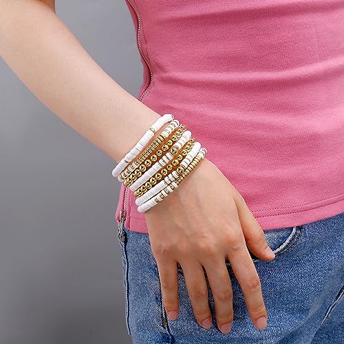 Elegance 11 designs Heishi Beaded Bracelets For Women Polymer Clay Colorful Surfer Stackable Beads Boho Bracelet Summer Beach Jewelry - color: White