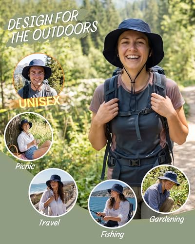 Water-Resistant Sun UPF 50+ Bucket Hat Protection Packable Brimmed Boonie for Women Men Summer Lightweight Hiking Outdoor Cap - color: Navy Blue