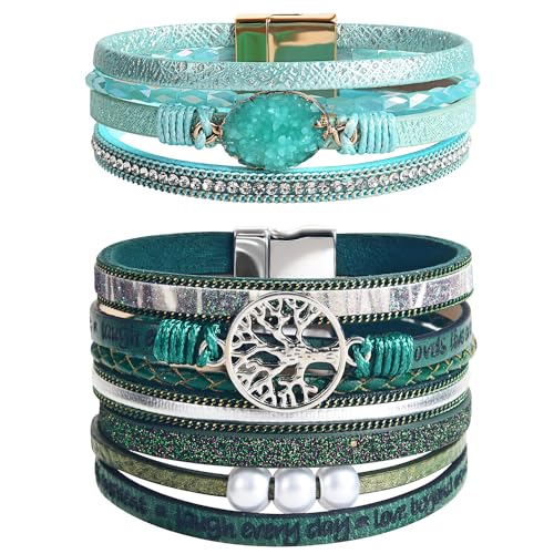 Boho Leather Wrap Bracelets Bohemian Crystal Bracelets Trendy Layered Bracelet with Magnetic Clasp Jewelry Gifts for Women - color: Green