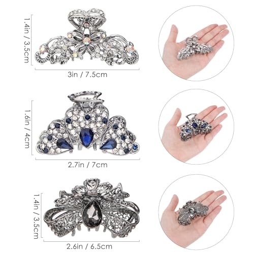 kilofly 3pc Vintage Crystal Hair Claw Clips Long Thick Hair Metal Clamps - color: 3 Medium