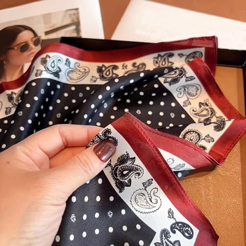 Aufeel Women's 100% Pure Mulberry Silk Small Square Scarf - Neckerchief Women - Silk Headscarf - 21" x 21" - color: Black Dot