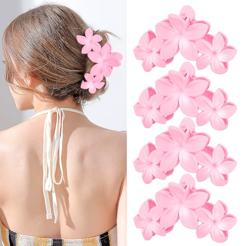 ANBALA 4PCS Flower Hair Clips, Tropical Plumeria Hair Clips for Women, Large Non-Slip Strong Hold Claw Clips, Beach Hair Accessories, Pink (4 Count) - color: pink