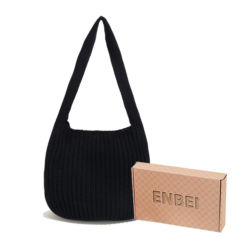 ENBEI Women's Crochet Tote Bag Knit Shoulder bag,Aesthetic Bag,Cute Eco-Friendly Tote for Travel,Daily Use,Gift Box Packaging - color: Black