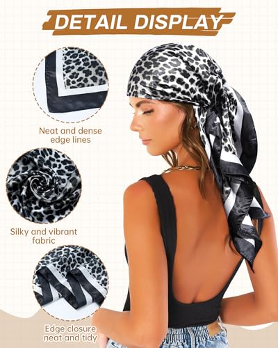 Mesovor 35” Square Head Scarf for Women, 3 Pack Like Silk Satin Headscarf Hair Neck Scarf Top Bandanas for Sleeping - color: Leopard(gray/Yellow/Coffee)