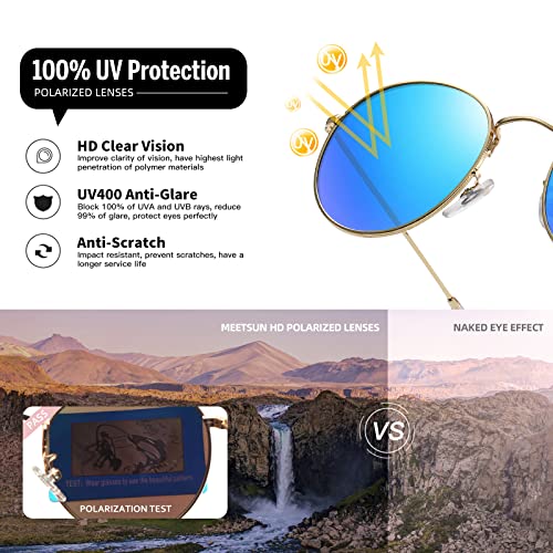MEETSUN Round Polarized Sunglasses for Women Men Classic Retro Metal Frame Sun Glasses UV Protection - color: (2 Pack) Gold/Blue + Gold/Grey