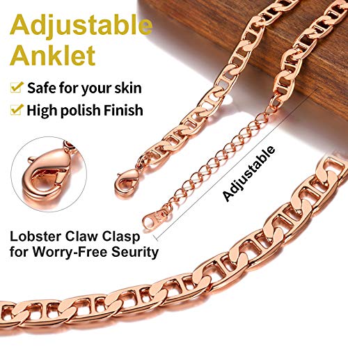 ChainsHouse Ankle Bracelets for Women, Stainless Steel Chain Anklets Waterproof, Women Summer Beach Jewelry Gift, Come with Box - color: 11. 6mm-Flat Marina-Rose Gold