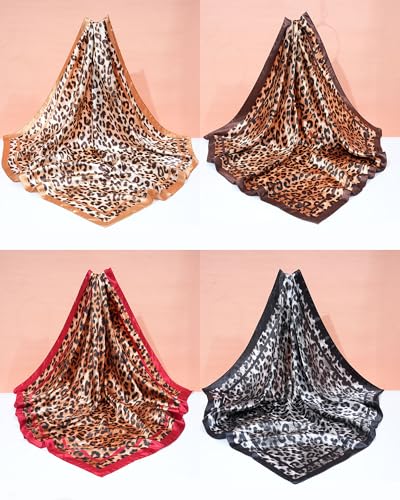 Molans 35" Silk Satin Square Head scarves - 4Pcs Large Scarfs Hair Bandana Head Kerchief Neck Scarf Sleeping Wraps for Women - color: Leopard Print