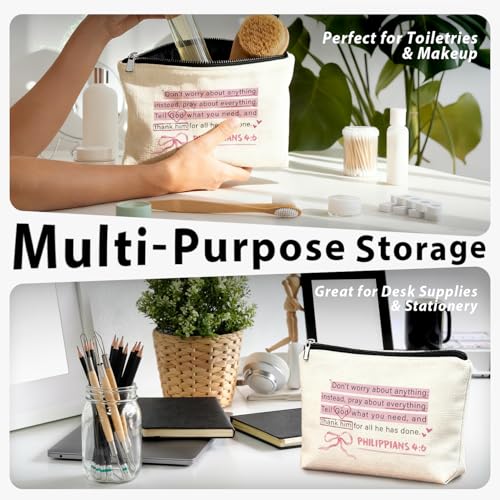 Pink Christian Makeup Bag & Travel Pouches for Toiletries, Bible Verse Pink Bow Cosmetic Bag for Women, Christian Gifts for Women, Religious Scripture Small Toiletry Bags Zipper Makeup Pouch - color: 00-PHILIPPIANS 4:6 (Bible)