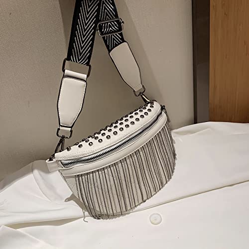 GLT.ETL Fanny Pack Chest Bag For Women Faux leather Fringe Quilted Waist Cross Body Blet Bum Bags Rivet Studded Tassel Purses (Beige White) - color: White