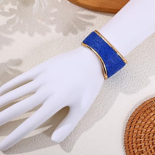 Raffia Colorful Chunky Cuff Bracelet For Women Statement Irregular Wave Vacation Tropical Beachy Spring Summer Wide Open Bangle Handmade Boho Costume Jewelry Accessories - color: Dark Dlue