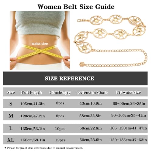 LIMHOO Women's Metal Waist Chain Belts Gold Silver Link Belt for Dresses - color: Star Gold, size: M: Length 120cm/47.2in