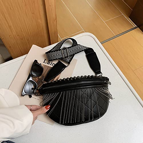 GLT.ETL Fanny pack Chest Bag For women Faux leather Fringe Quilted Waist Bum Cross body Bags Rivet studded Tassel Purses (Black) - color: Black