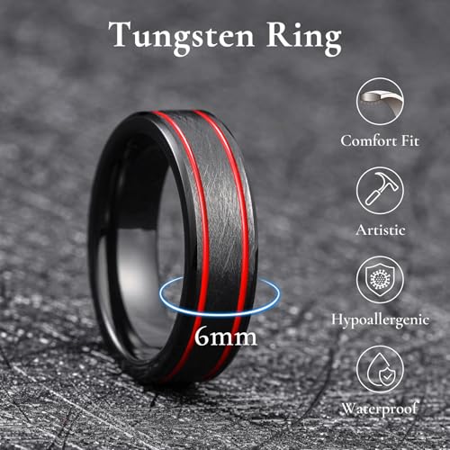 King Will Mens Tungsten Rings for Men Two Tone Grooved Mens Wedding Band Cool - color: Black & Red Two Groove 6mm