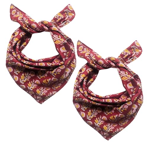 AVKA Studio 100% Cotton Bandanas for Women & Men, 2 Pack 20x20 Inch, 22x22 inch Hand Printed, Lightweight Cotton Handkerchief - color: Burgundy, size: 22 x 22 Inches Large