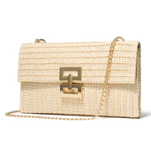 SWEETV CHUNLI Straw Purse Woven Beach Bag Summer Clutch Purse Boho Crossbody Bags for Women Small Raffia Shoulder Bag - color: Pearl White