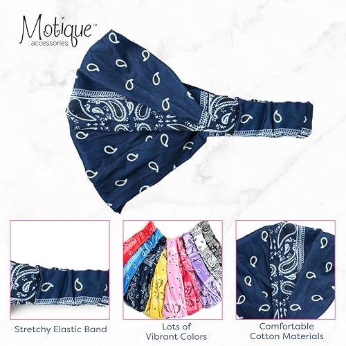 Motique Accessories Wide and Stretchy Cotton Bandana Headwrap, Multiple Colors (Navy Paisley, Medium) - color: Navy Paisley