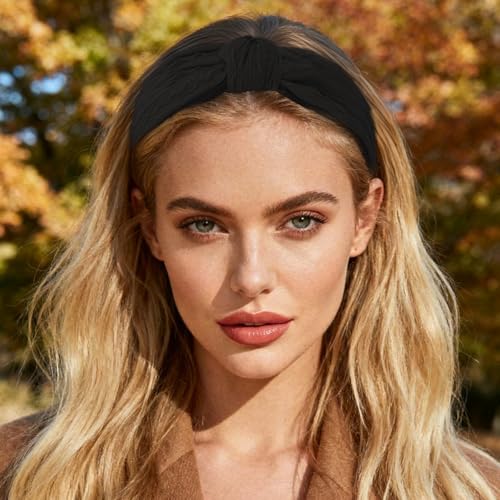 Ondder Top Knot Headband for Women Black Fabric Non Slip Fashion Wide Knotted Headbands Hair Accessories for Women Girls - color: Black