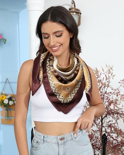 AWAYTR 35” Satin Head Scarf for Women Like Silk Scarf for Hair Scarf Satin Hair Bandana Women Headscarf Hair Wrap Scarf Neck - color: Brown