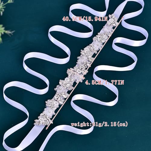 Rhinestone Wedding Bridal Belt for Women Formal Dress Handmade Crystal Beading Wedding Sash Belt - color: White-silver Rhinestone