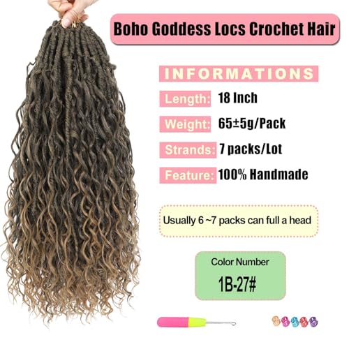 Goddess Locs Crochet Hair 7 Packs Bohemian Faux Locs Pre-Looped Braids, Boho Goddess Soft Locs Crochet Hair with Curly Ends Hair Extensions for Women (T27, 18 Inch) - color: T27, size: 18 Inch