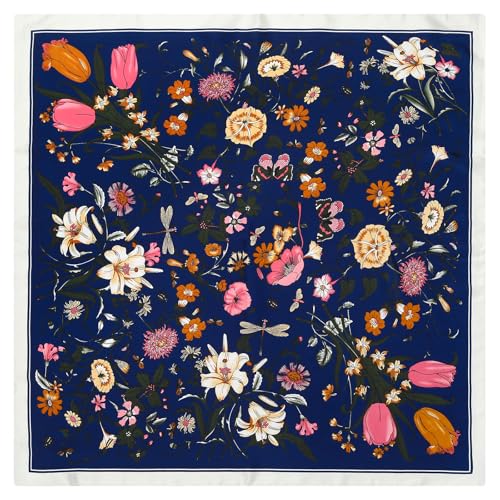 Stlvoll 27.5" Silk Neck Scarf of Women's Fashion Head Scarf Square Neck Satin Scarfs for Bag Hair Scarves Gift - color: Flower/Navy Blue