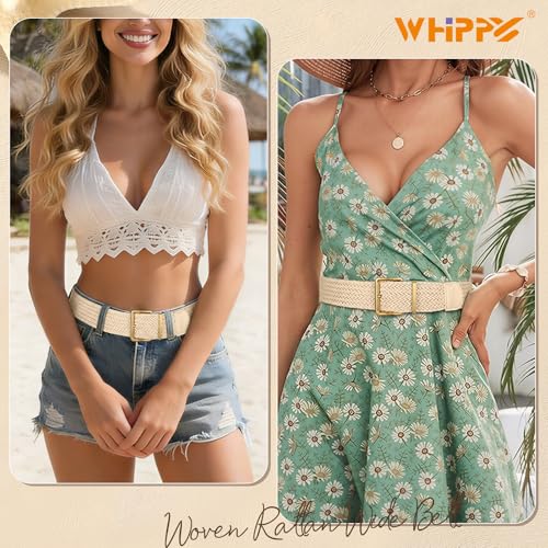 WHIPPY Women Wide Woven Belt Fashion Boho Rattan Braided Belt with Gold Buckle Raffia Straw Woven Waistband for Dresses - color: Light Beige, size: Fit Waist Size 30"-34"