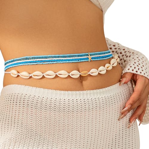Summer Beach Coloful Beads Waist Chain Jewelry Sets Multi-layered Beaded Belly Chain Sexy Bikini Sexy Shell Waist Body Chain Beads Body Accessories for Wome - style: Blue