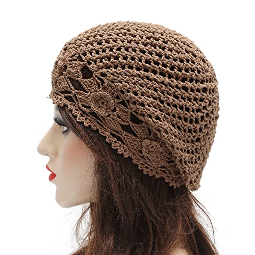 ZLYC Women Cotton Crochet Slouchy Beanie Hat Handmade Knit Summer Skull Cap - color: Flowers Light Brown