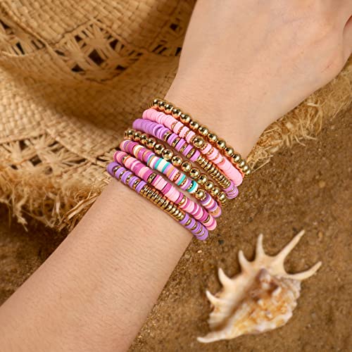 Elegance 11 designs Heishi Beaded Bracelets For Women Polymer Clay Colorful Surfer Stackable Beads Boho Bracelet Summer Beach Jewelry - color: Purple