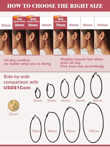 FOCALOOK 14K Gold Plated Lightweight Large Hoops| 2mm Thin Hoop Earrings for Women 30/40/50/70/100mm - color: 01.Black, size: 20mm