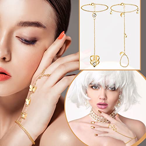 Fumete 6 pcs Finger Ring Bracelet Linked Rhinestone Hand Harness Chain Slave Bracelet with Ring Everyday Jewelry for Women - color: Gold, style: Classic
