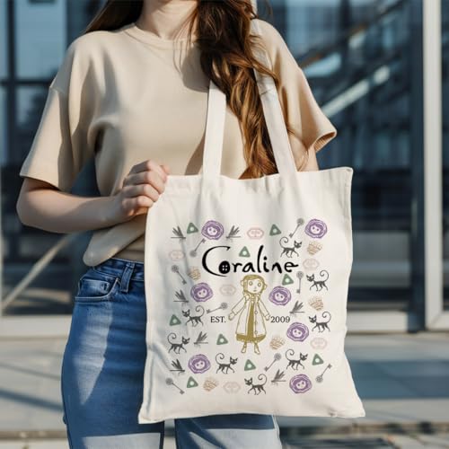 Canvas Tote Bag Aesthetic for Women,Reusable Canvas Cute Shoulder Bag for Grocery, Shopping, Beach & Daily Use - color: Coraline
