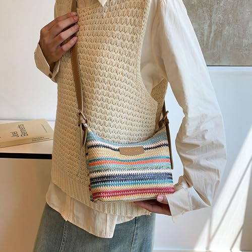 Women's Woven Beach Shoulder Handbag Colorful Straw Tote Bag Summer Vacation Crossbody Bag - color: 9706khaki