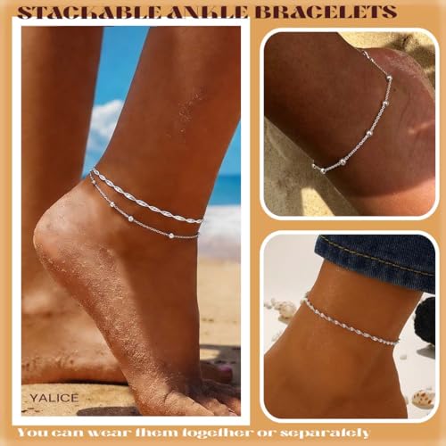 Yalice 925 Silver Ankle Bracelets Chain for Women Dainty 14K Gold Plated Waterproof Beads Anklets Layered Beach Foot Jewelry Gift - color: Silver-Twisted Link