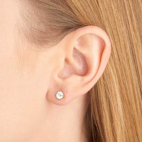 Amazon Essentials Plated Sterling Silver Cubic Zirconia Stud Earrings (Round & Princess) - color: White/Yellow Gold, size: 6.5 mm, style: Round Cut