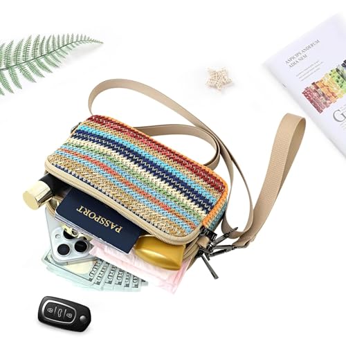 Small Wristlet Wallet for Women, 3-Zip Crossbody Phone Purse - color: Bluestripe/Straw-horiz