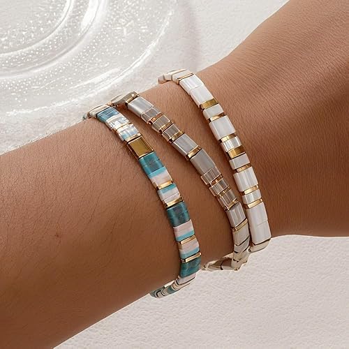 Tila Flat Square Stack Beaded Bracelets Set for Women Men, Boho 3Pcs Romantic Handmade Healing Gold Colorful Stretch Accessories Jewelry, Daily Vacation Party Holiday Friendship Gift - color: White Gray Blue