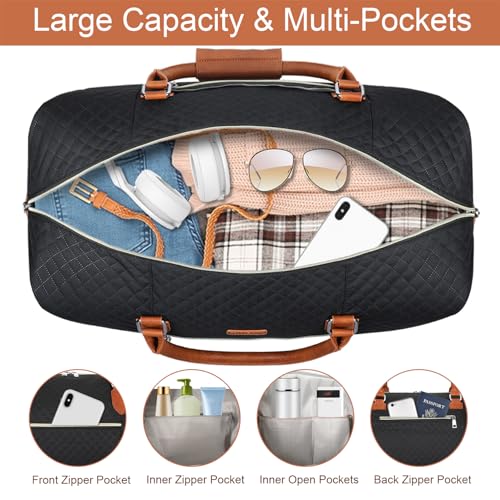 ITIEZY Weekender Overnight Bag for Women - Large Travel Duffel Bag with Shoe Compartment, Gym Duffel Bag Hospital Bag Carry On Tote Bags for Airplanes with Crossbody Bag Toiletry Bag 3Pcs Set - color: 4-Black