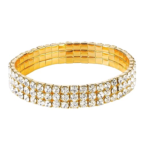 Zealmer Sparkle Multicolor Rhinestone Stackable Stretch Bracelets for Women - color: 3 Row Gold Bracelet