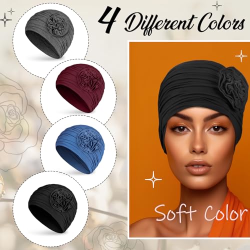 JenPen 4 Pcs Cotton Chemo Headwear for Women Turban Soft Cancer Head Scarf Hats Beanie Elastic Hair Wraps - color: Black, Gray, Wine Red, Blue