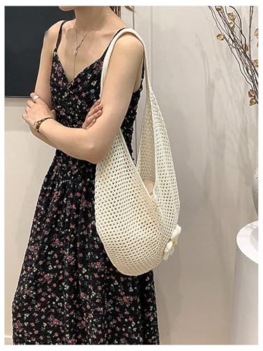 OYOANGLE Women's Floral Applique Crochet Beach Tote Bag Summer Boho Mesh Woven Tote Bag - color: Beige