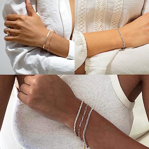Dearmay Gold Bracelets for Women Waterproof, 14K Gold Plated Minimalist Bracelets Stack Non Tarnish Trendy Dainty Herringbone Vintage Cuban Paperclip Rope Thin Box Link Chain Stackable Jewelry Sets Modern Fashion Accessories Gifts for Womens - style: 5Pcs