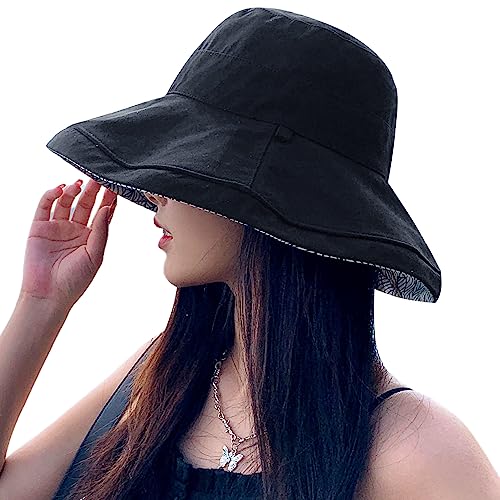 HUAMULAN Women Summer Sun Hat Wide Brim Wired Edge Floral Beach Bucket Hats Reversible Foldable Travel UV Protection Lady Hat - color: M2246-black
