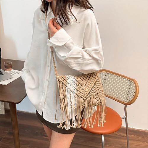 Goclothod Women Crochet Fringed Shoulder Bag Cotton Tassel Crossbody Bag Hippie Beach Purse - color: Elegant