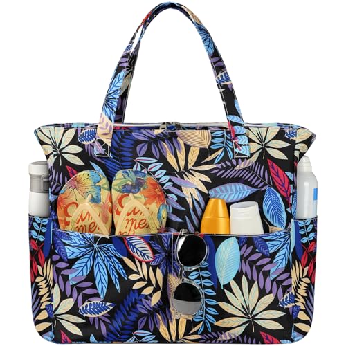 Trifabricy Beach Bags for Women Waterproof Sandproof Women Tote Bag, Large Beach Bag with Zipper for Gym Travel Vocation - color: Blue Leaves