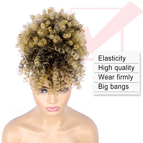 Drawstring Ponytail with Bangs Afro Puff Ponytail Extensions for Women Short Curly Puff Ponytail with Bangs Clip in Wrap Updo Hairpiece for Women (T27) - color: T27