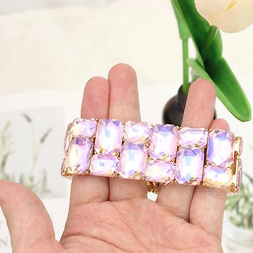 Women’s Wedding Bridal Crystal Leaf Flower Stretch Bangle Elastic Wide Bracelet Jewelry for Brides Bridesmaid - color: Style2-Violet-Gold Plated