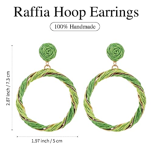 Boho Raffia Hoop Dangle Earrings Twisted - Statement Rattan Round Geometric Earrings For Summer Beach Vacation - color: GREEN